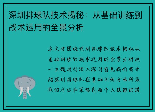 深圳排球队技术揭秘：从基础训练到战术运用的全景分析