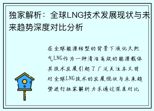 独家解析：全球LNG技术发展现状与未来趋势深度对比分析